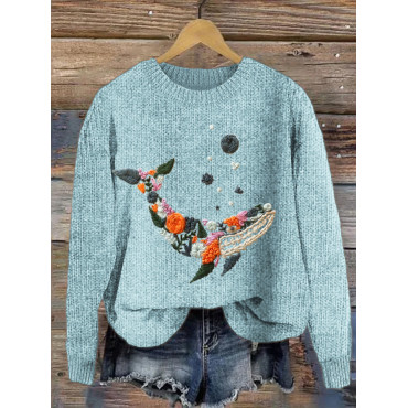 Whale & Flower Embroidery Comfy Knit Sweater