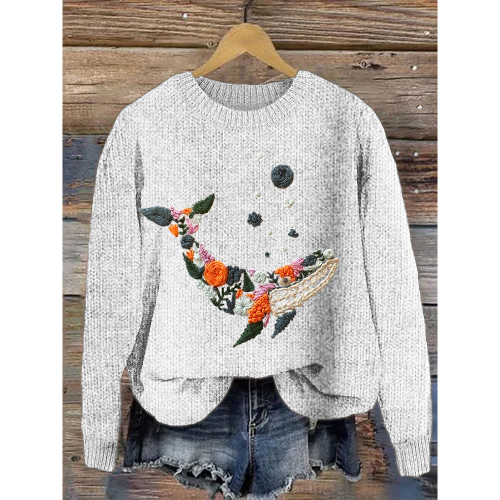 Whale & Flower Embroidery Comfy Knit Sweater