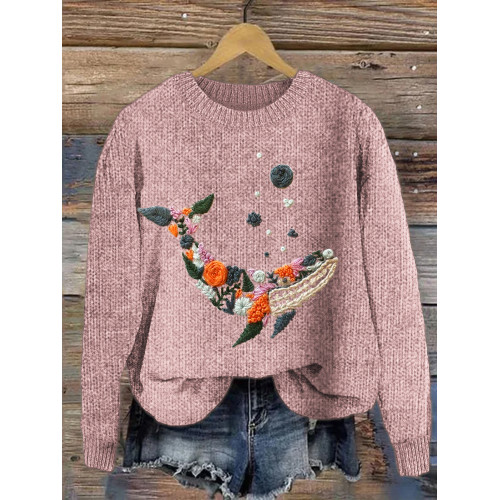 Whale & Flower Embroidery Comfy Knit Sweater