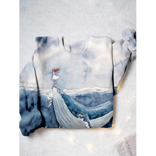 Whale & Girl Art Print Crew Neck Casual Sweatshirt