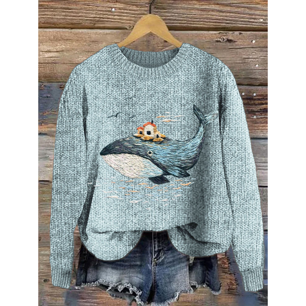 Whale & House Embroidery Cozy Knit Sweater