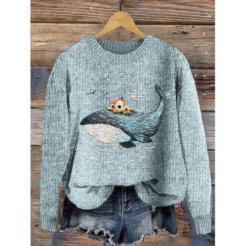 Whale & House Embroidery Cozy Knit Sweater