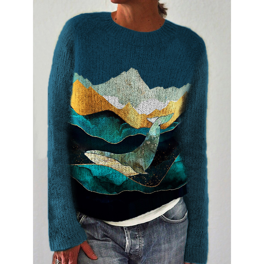 Whale & Landscape Colorblock Art Cozy Sweater