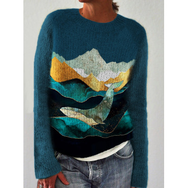 Whale & Landscape Colorblock Art Cozy Sweater