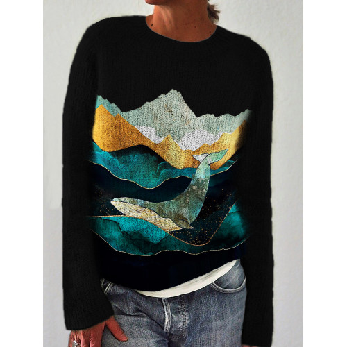 Whale & Landscape Colorblock Art Cozy Sweater