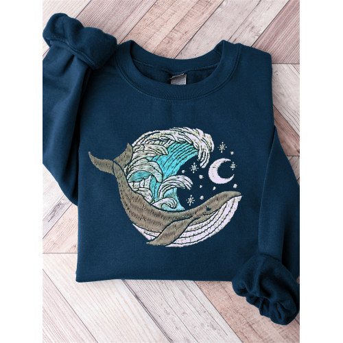 Whale & Moon Embroidery Art Comfy Sweatshirt