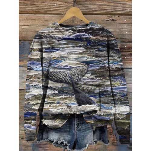 Whale & Sea Denim Patterned Cozy Sweatshirt