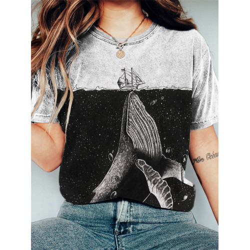 Whale & Ship Contrast Color Art Vintage T Shirt