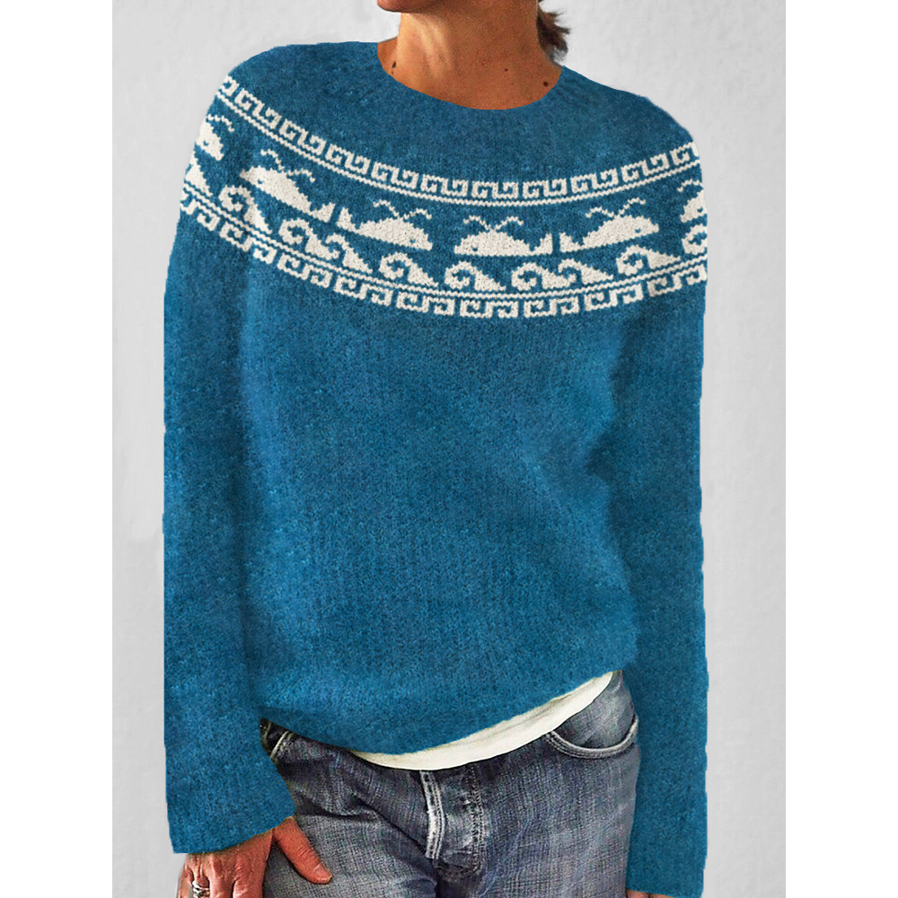 Whale & Wave Pattern Cozy Knit Sweater