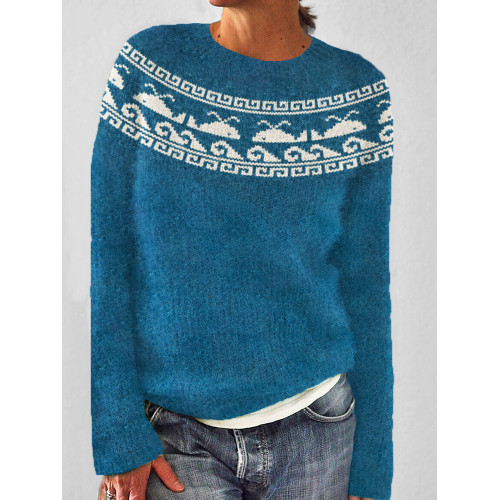 Whale & Wave Pattern Cozy Knit Sweater