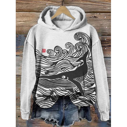 Whale & Waves Ancient Japanese Art Cozy Hoodie