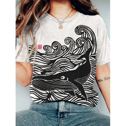 Whale & Waves Ancient Japanese Art Vintage T Shirt