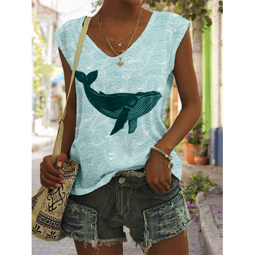 Whale & Waves Japanese Art V Neck Comfy Tank Top