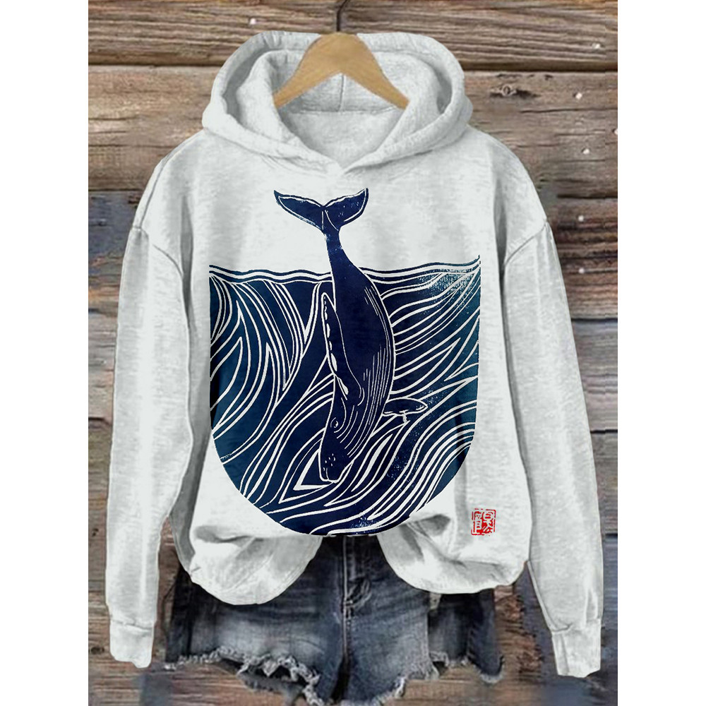 Whale & Waves Japanese Lino Art Comfy Hoodie
