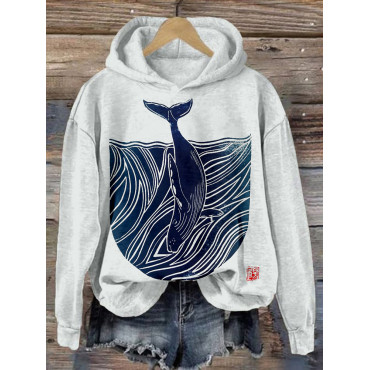 Whale & Waves Japanese Lino Art Comfy Hoodie