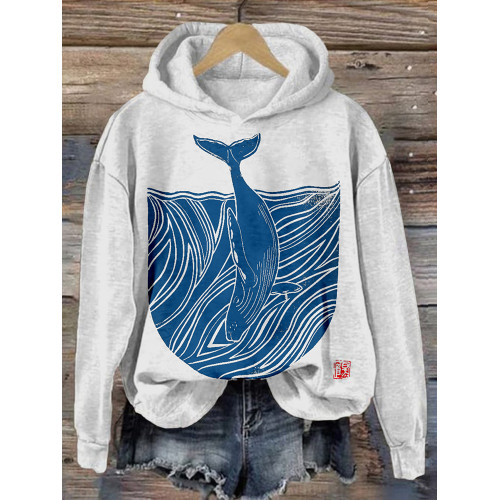 Whale & Waves Japanese Lino Art Comfy Hoodie