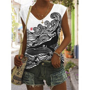 Whale & Waves Japanese Lino Art V Neck Tank Top