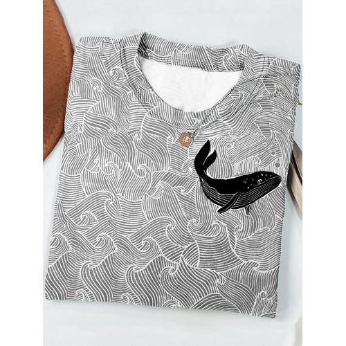 Whale & Waves Lino Art Crew Neck Comfy T Shirt