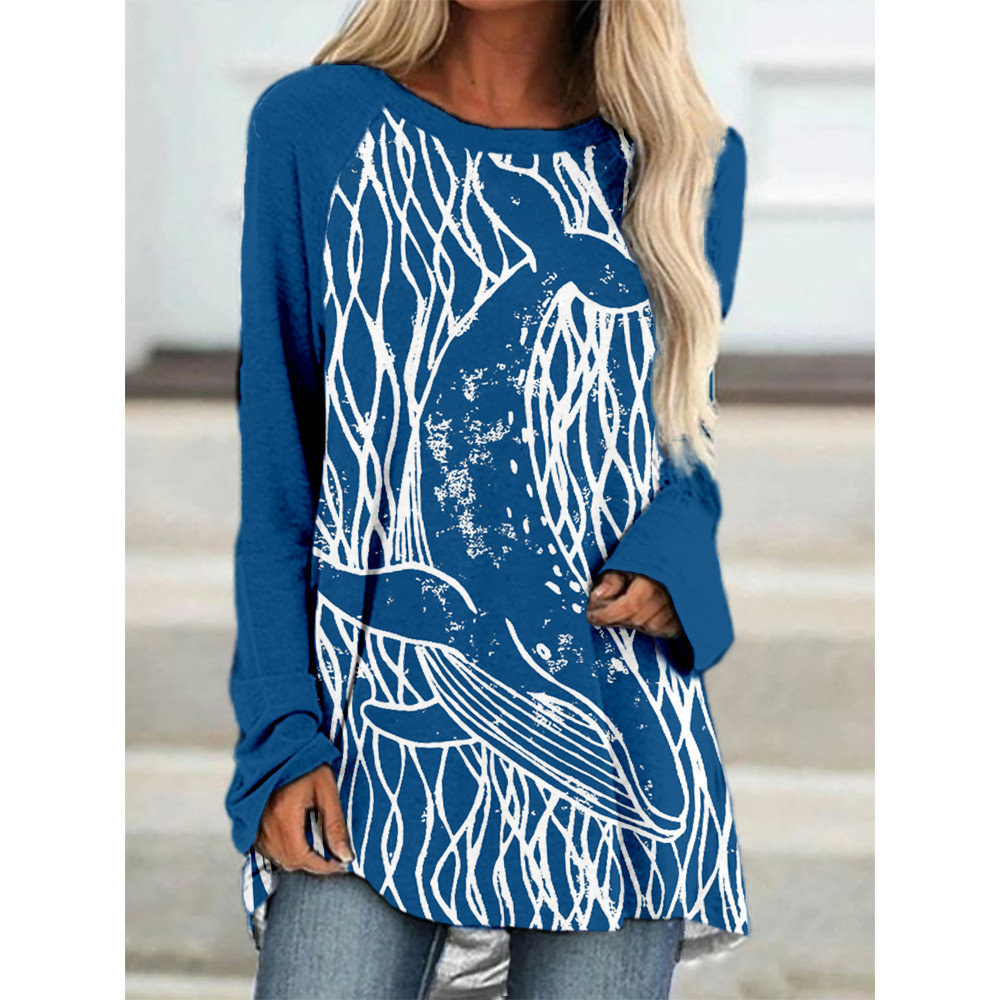 Whale & waves Lino Art Contrast A Line T Shirt