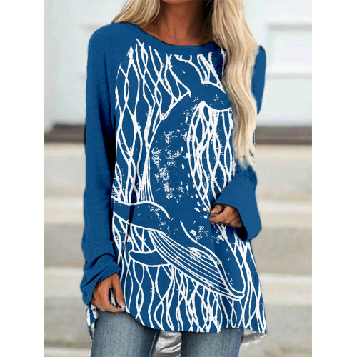 Whale & waves Lino Art Contrast A Line T Shirt