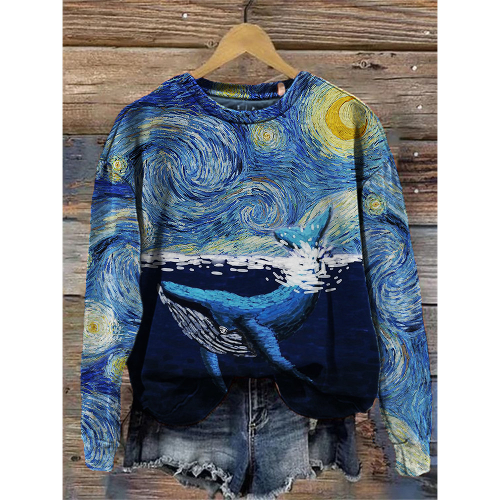 Whale at Starry Night Art Cozy Sweatshirt