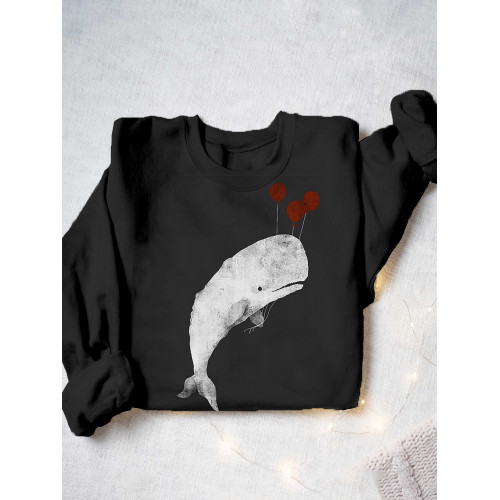 Whale with Balloons Graphic Crew Neck Sweatshirt