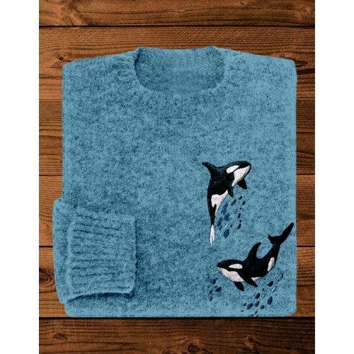Whales Embroidery Art Crew Neck Cozy Knit Sweater