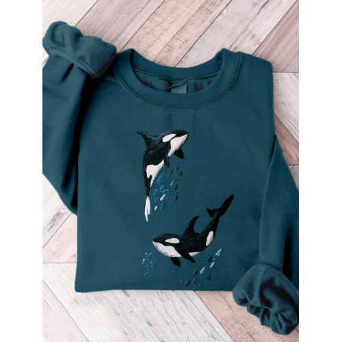 Whales Embroidery Art Pattern Crew Neck Comfy Sweatshirt