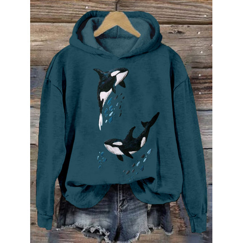 Whales Embroidery Art Pattern Vintage Comfy Hoodie