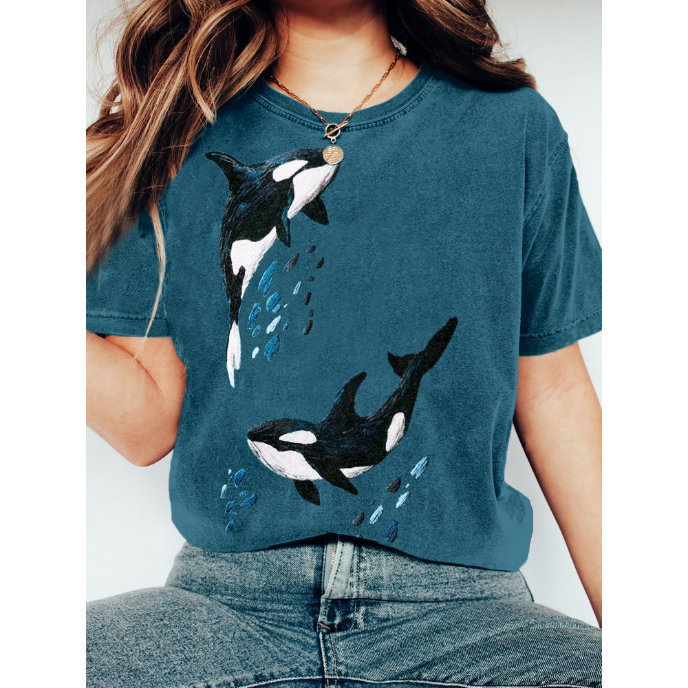 Whales Embroidery Art Pattern Vintage Comfy T Shirt