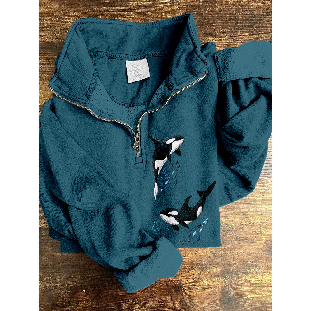 Whales Embroidery Art Pattern Zip Up Sweatshirt