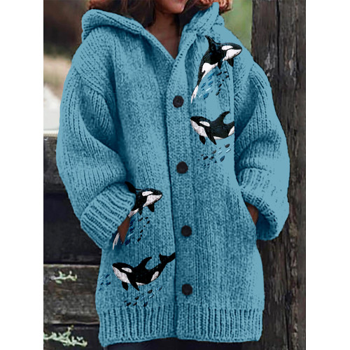 Whales Embroidery Art Vintage Cozy Hooded Cardigan