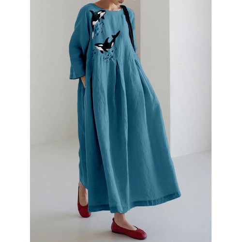 Whales Embroidery Art Vintage Linen Blend Maxi Dress