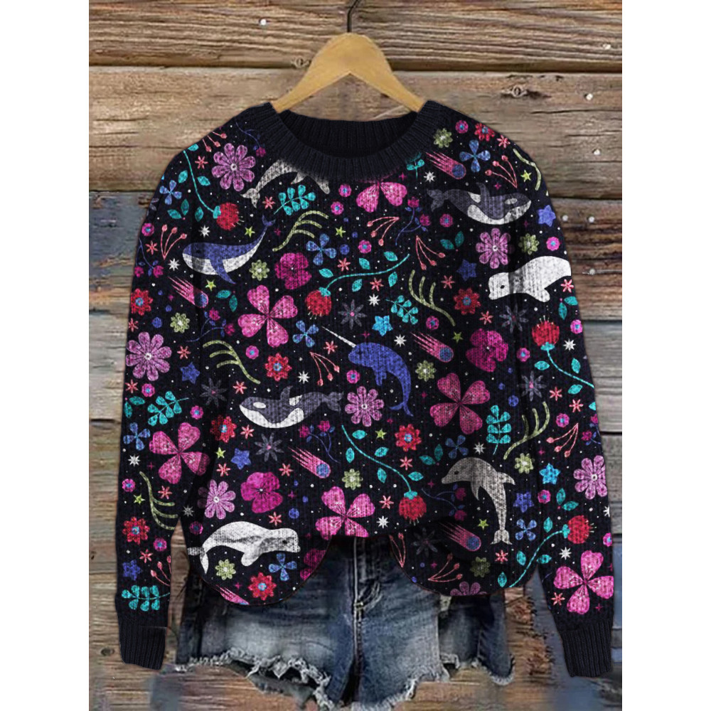 Whales Floral Pattern Cozy Knit Sweater