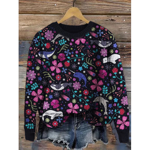 Whales Floral Pattern Cozy Knit Sweater