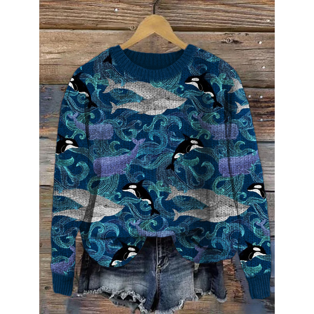 Whales Ocean Waves Pattern Cozy Knit Sweater