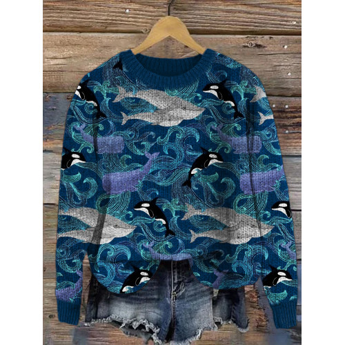 Whales Ocean Waves Pattern Cozy Knit Sweater