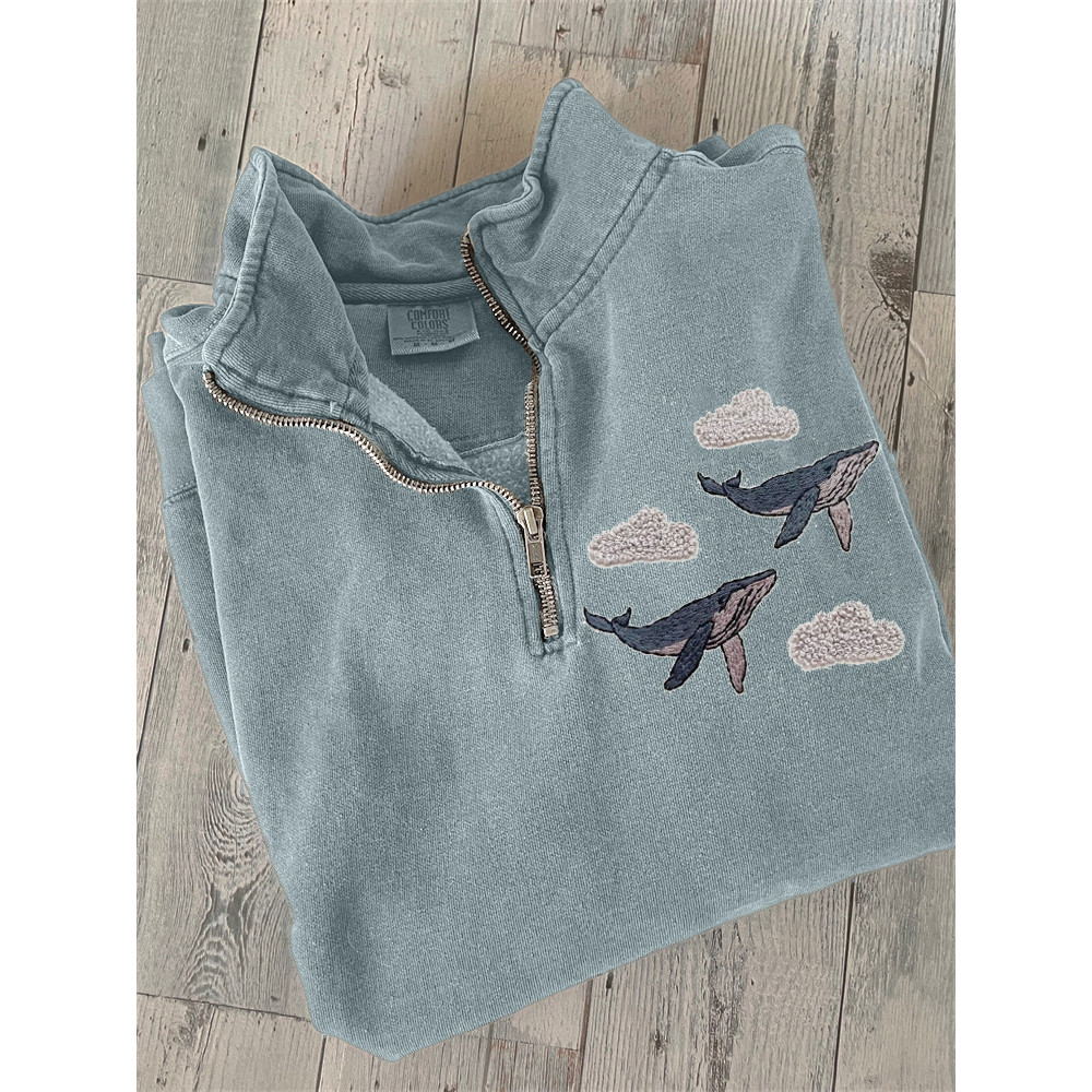 Whales & Clouse Embroidery Art Zip Up Sweatshirt