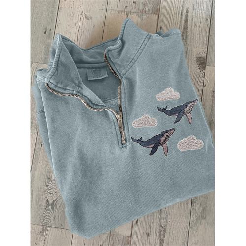 Whales & Clouse Embroidery Art Zip Up Sweatshirt