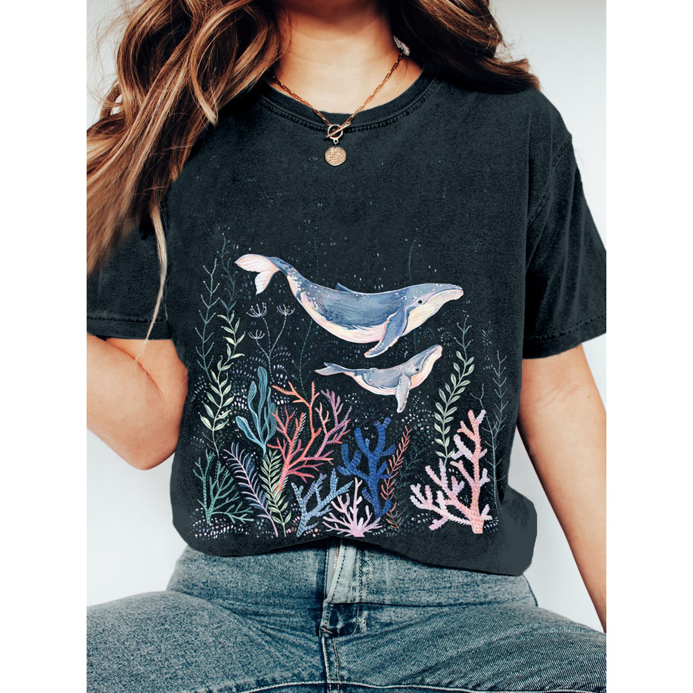 Whales and Coral Art Vintage Comfy T Shirt