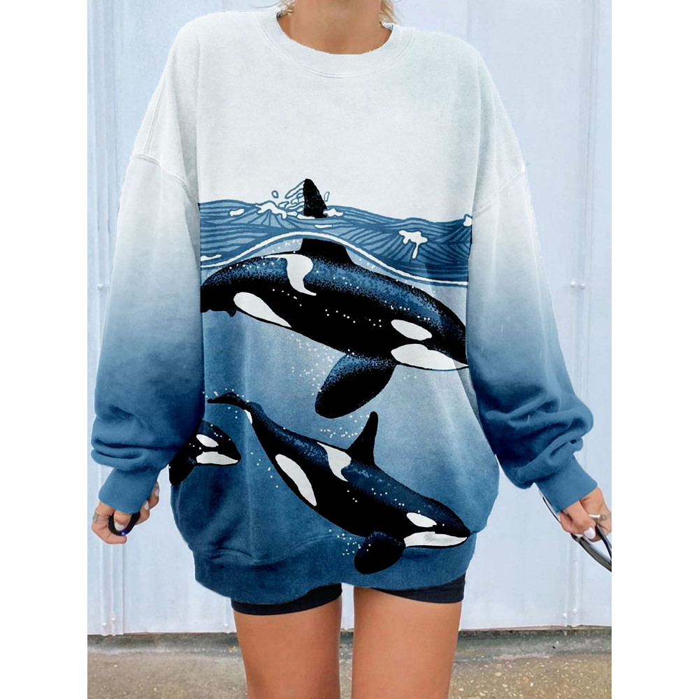 Whales & Waves Art Gradient Loose Fit Comfy Sweatshirt