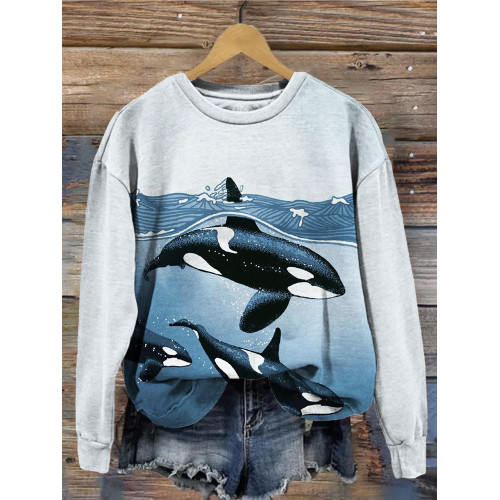 Whales & Waves Art Graphic Casual Cozy Sweatshirt
