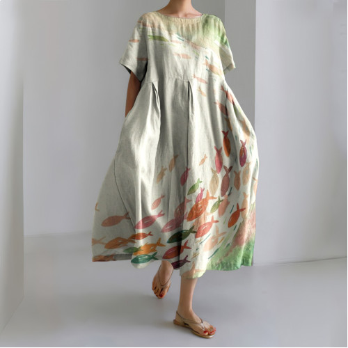 Women Colorful School Fish Linen Blend Maxi Dress