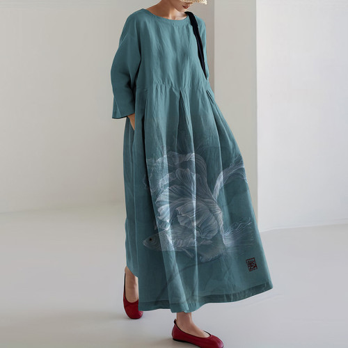 Women Fish Printed Linen Blend Maxi Dress