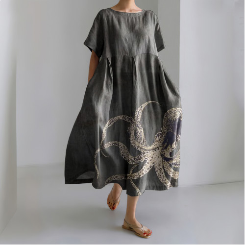 Women Japanese Art Octopus Print Casual Linen Blend Maxi Dress