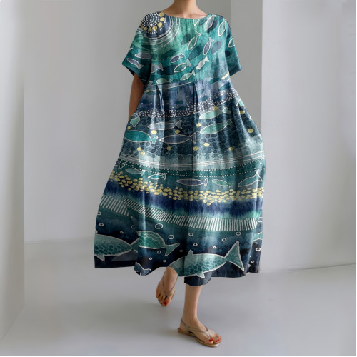 Women Ocean Fish Linen Blend Maxi Dress