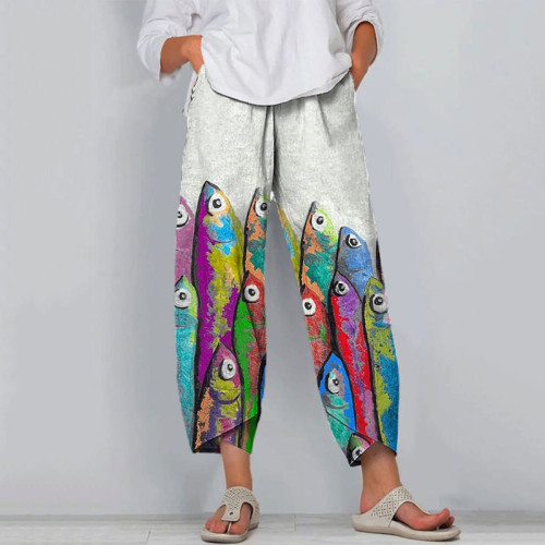 Women'S Colorful Fish Art Printed Cotton And Linen Casual Pants