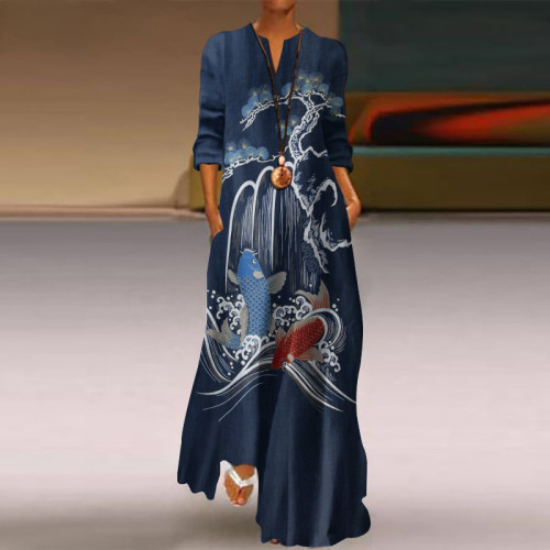 Women'S Fish Pattern V-Neck Dress