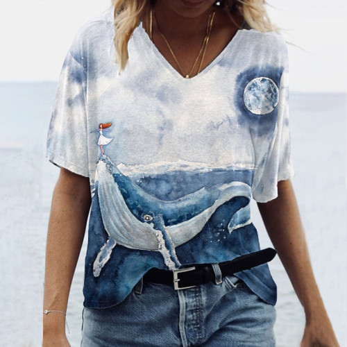 Women'S Girl And Whale Print V-Neck T-Shirt