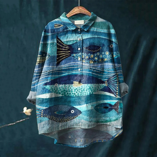 Women'S Vintage Fish Art Printed Long Sleeves Casual Shirt